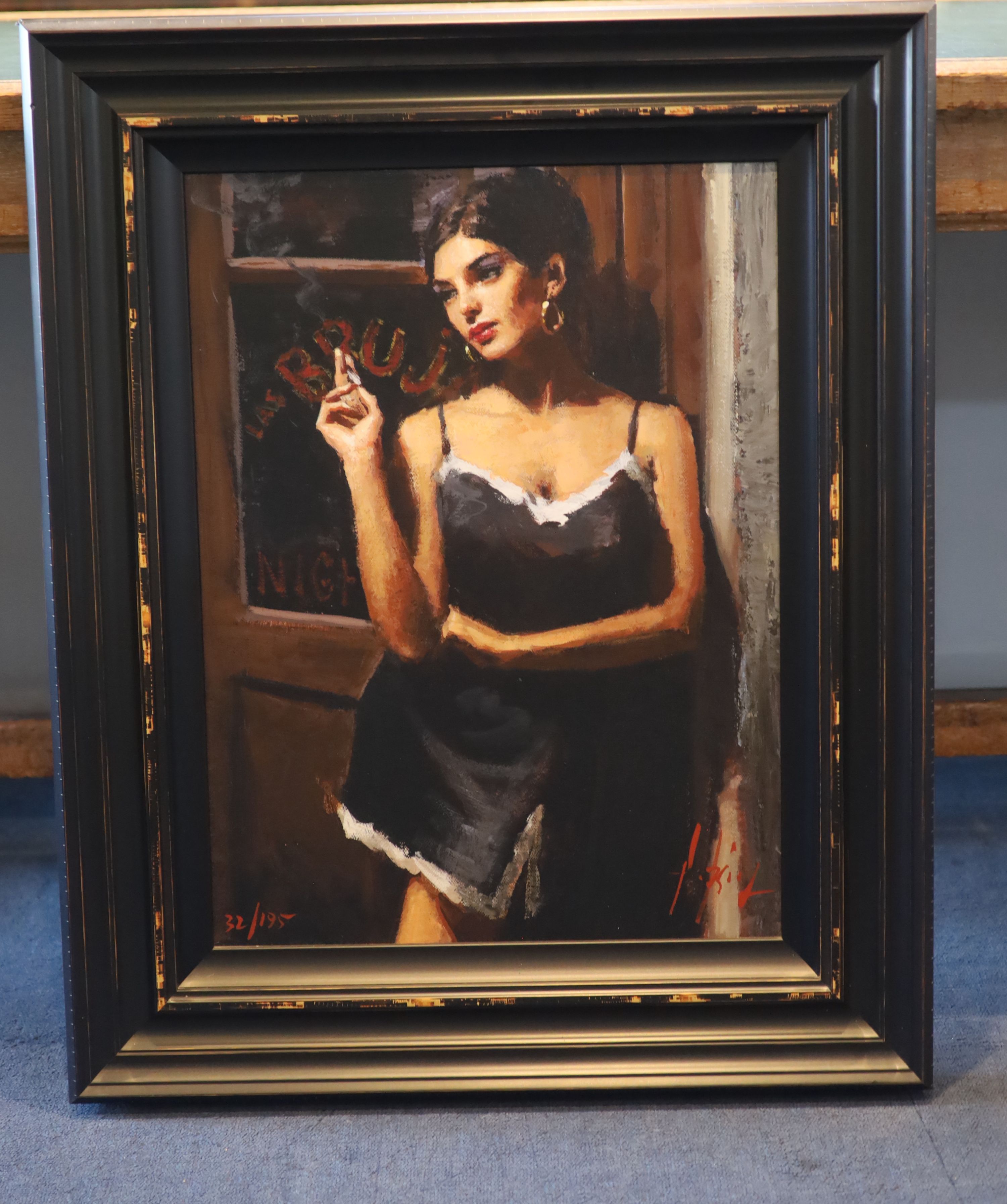 Fabian Perez, hand embellished giclee canvas, At The Door VI, 32/195, with COA, 60 x 45cm.